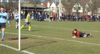 Daniel Alleyne (out of pic) scores the opener in the CRBT semi final at Epping.